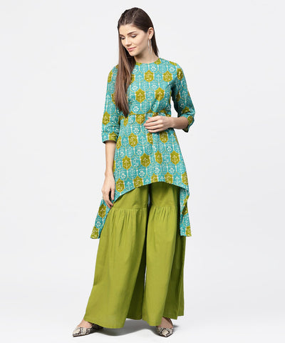 Green printed 3/4th sleeve cotton High low kurta with green sharara