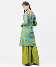 Green printed 3/4th sleeve cotton High low kurta with green sharara
