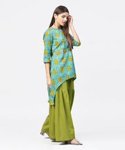 Green printed 3/4th sleeve cotton High low kurta with green sharara