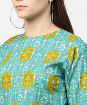 Green printed 3/4th sleeve cotton High low kurta with green sharara