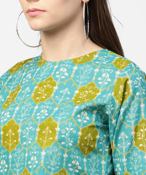 Green printed 3/4th sleeve cotton High low kurta with green sharara