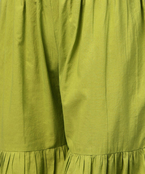 Green printed 3/4th sleeve cotton High low kurta with green sharara