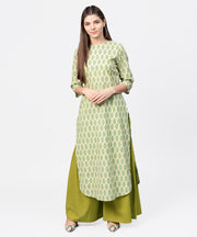 Green printed 3/4th sleeve cotton straight long kurta