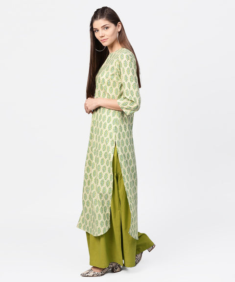 Green printed 3/4th sleeve cotton straight long kurta