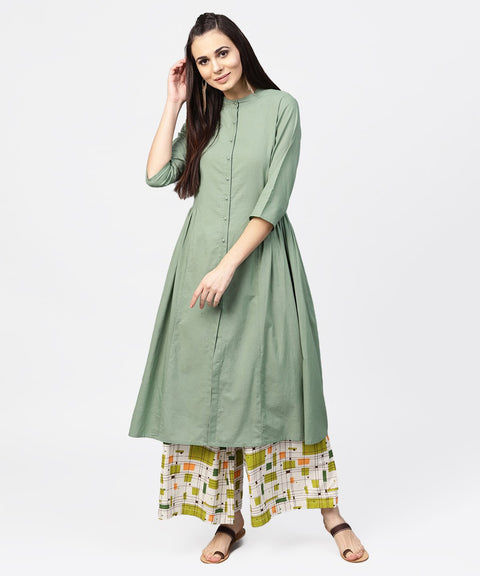 Dark green solid 3/4th sleeve cotton A-line kurta