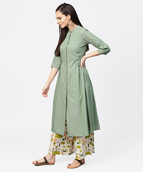 Dark green solid 3/4th sleeve cotton A-line kurta