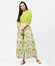 Green 3/4th cold shoulder sleeve crop top with ankle length printed palazzo