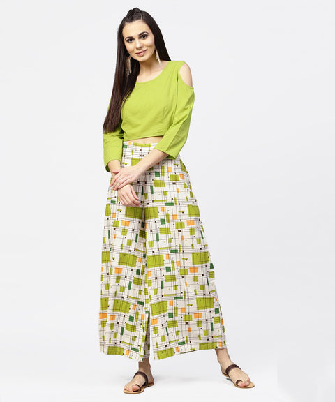 Green 3/4th cold shoulder sleeve crop top with ankle length printed palazzo