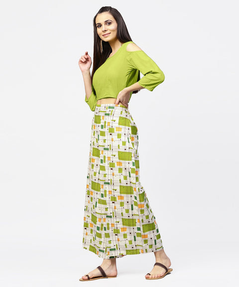 Green 3/4th cold shoulder sleeve crop top with ankle length printed palazzo