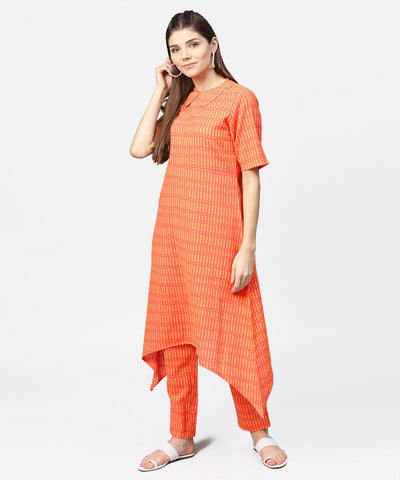 Peach half sleeve cotton assymetric kurta with ankle length pant