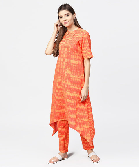 Peach half sleeve cotton assymetric kurta with ankle length pant