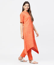 Peach half sleeve cotton assymetric kurta with ankle length pant