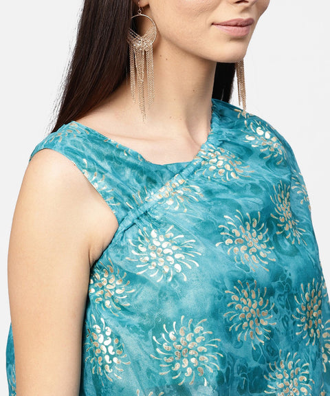 Blue boho poncho style tops with yellow ankle length palazzo