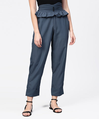 Aasi - House of Nayo Solid grey ankle length straight trouser
