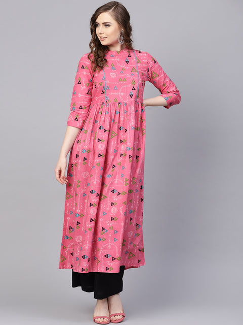 Pink Tribal Printed Kurta with Roll collar & 3/4 sleeves
