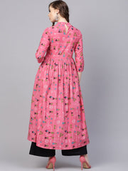 Pink Tribal Printed Kurta with Roll collar & 3/4 sleeves