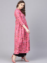 Pink Tribal Printed Kurta with Roll collar & 3/4 sleeves
