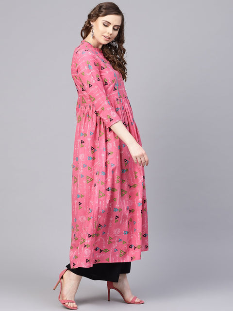 Pink Tribal Printed Kurta with Roll collar & 3/4 sleeves