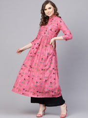 Pink Tribal Printed Kurta with Roll collar & 3/4 sleeves