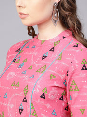 Pink Tribal Printed Kurta with Roll collar & 3/4 sleeves