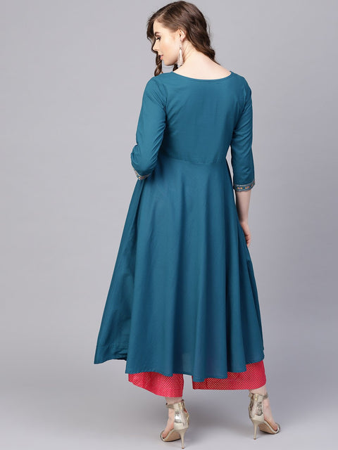 Teal blue Embroidered Kurta with Round neck & 3/4 sleeves