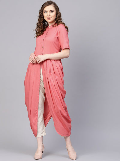 Pink Rayon Half sleeves Cowl Kurta with front placket & Madarin collar