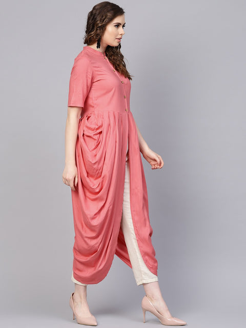 Pink Rayon Half sleeves Cowl Kurta with front placket & Madarin collar