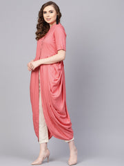 Pink Rayon Half sleeves Cowl Kurta with front placket & Madarin collar