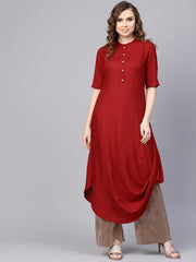 Rayon Half sleeves Maroon Cowl Kurta with front placket & Madarin Collar