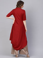 Rayon Half sleeves Maroon Cowl Kurta with front placket & Madarin Collar