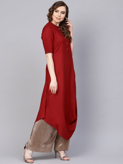 Rayon Half sleeves Maroon Cowl Kurta with front placket & Madarin Collar