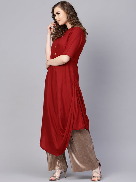 Rayon Half sleeves Maroon Cowl Kurta with front placket & Madarin Collar