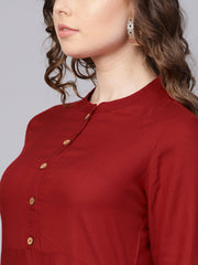 Rayon Half sleeves Maroon Cowl Kurta with front placket & Madarin Collar