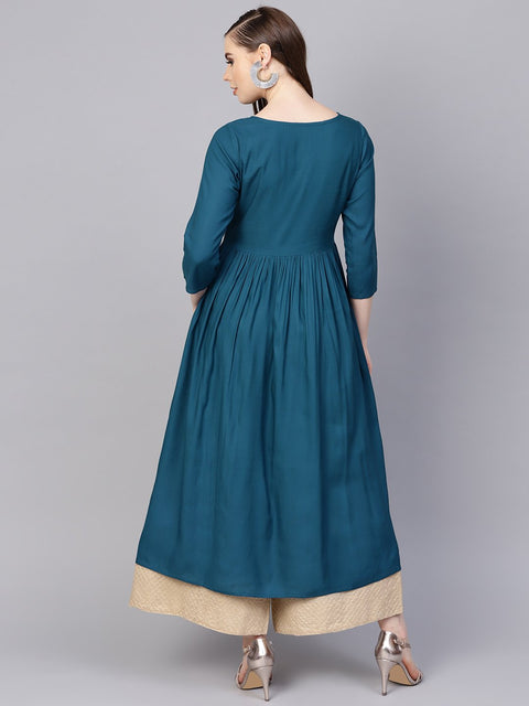 Rayon Teal Blue Embroidered Kurta with Round Neck & 3/4 sleeves