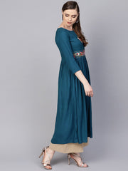 Rayon Teal Blue Embroidered Kurta with Round Neck & 3/4 sleeves