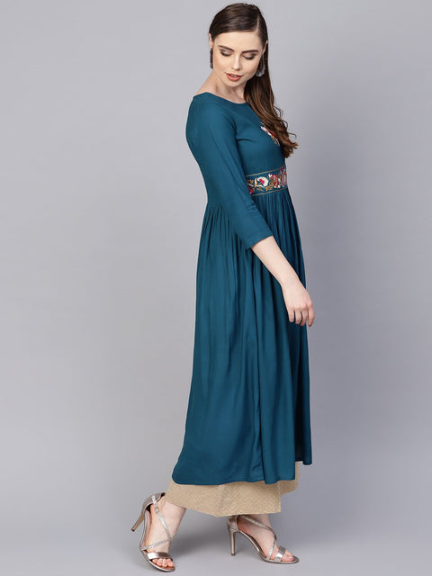 Rayon Teal Blue Embroidered Kurta with Round Neck & 3/4 sleeves