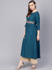 Rayon Teal Blue Embroidered Kurta with Round Neck & 3/4 sleeves