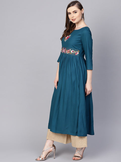 Rayon Teal Blue Embroidered Kurta with Round Neck & 3/4 sleeves