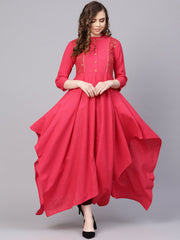 Cotton Fushia Pink Asyemmetric kurta with Madarin Collar & 3/4 sleeves