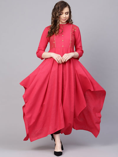 Cotton Fushia Pink Asyemmetric kurta with Madarin Collar & 3/4 sleeves