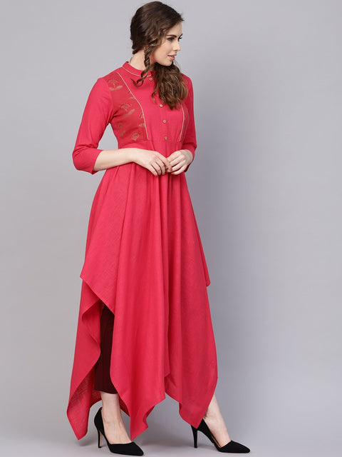 Cotton Fushia Pink Asyemmetric kurta with Madarin Collar & 3/4 sleeves