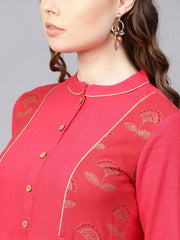 Cotton Fushia Pink Asyemmetric kurta with Madarin Collar & 3/4 sleeves