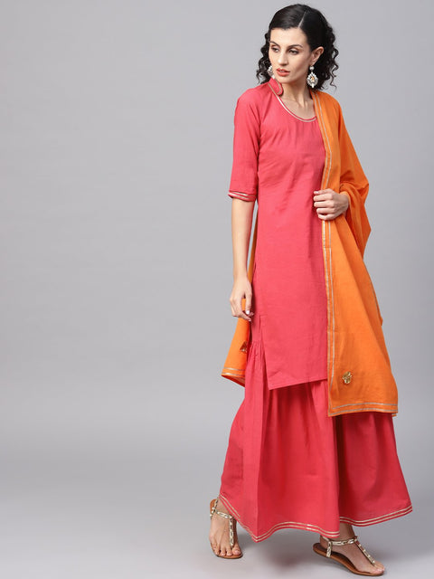 Solid Red Kurta Set with Sharara & Contrasting Dupatta