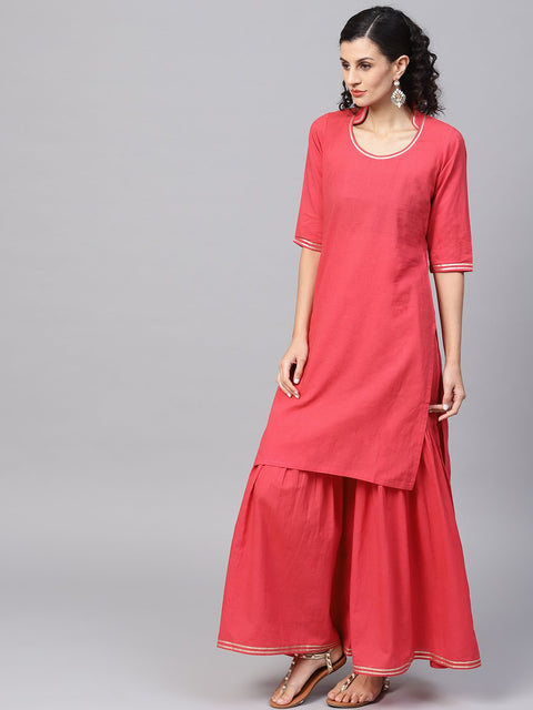 Solid Red Kurta Set with Sharara & Contrasting Dupatta