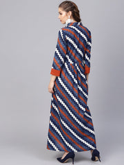 Indigo Blue Geometric Maxi Dress with Shirt Collar & 3/4 sleeves