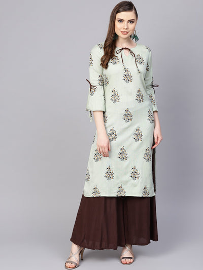 Pista green floral printed kurta with a front keyhole and flared sleeves