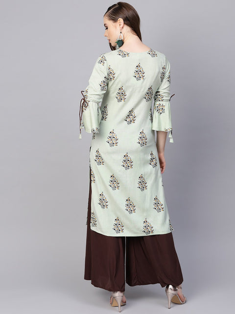 Pista green floral printed kurta with a front keyhole and flared sleeves