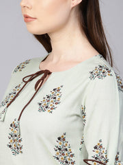 Pista green floral printed kurta with a front keyhole and flared sleeves