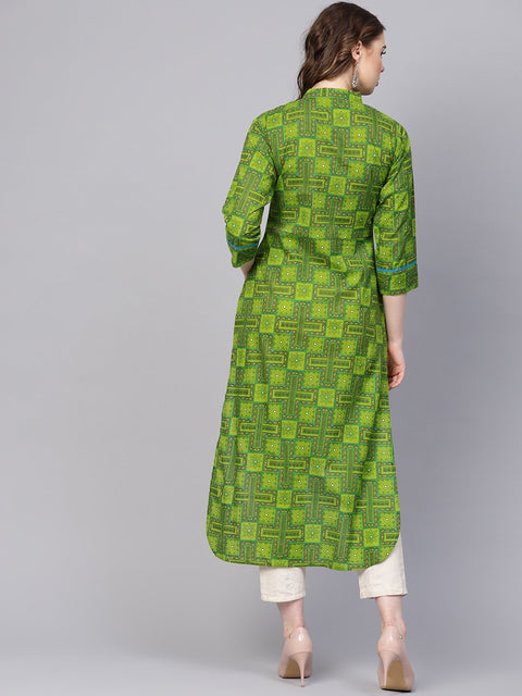 Green geometric printed with closed collar and side placket