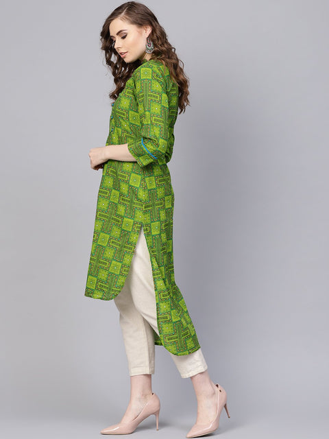 Green geometric printed with closed collar and side placket